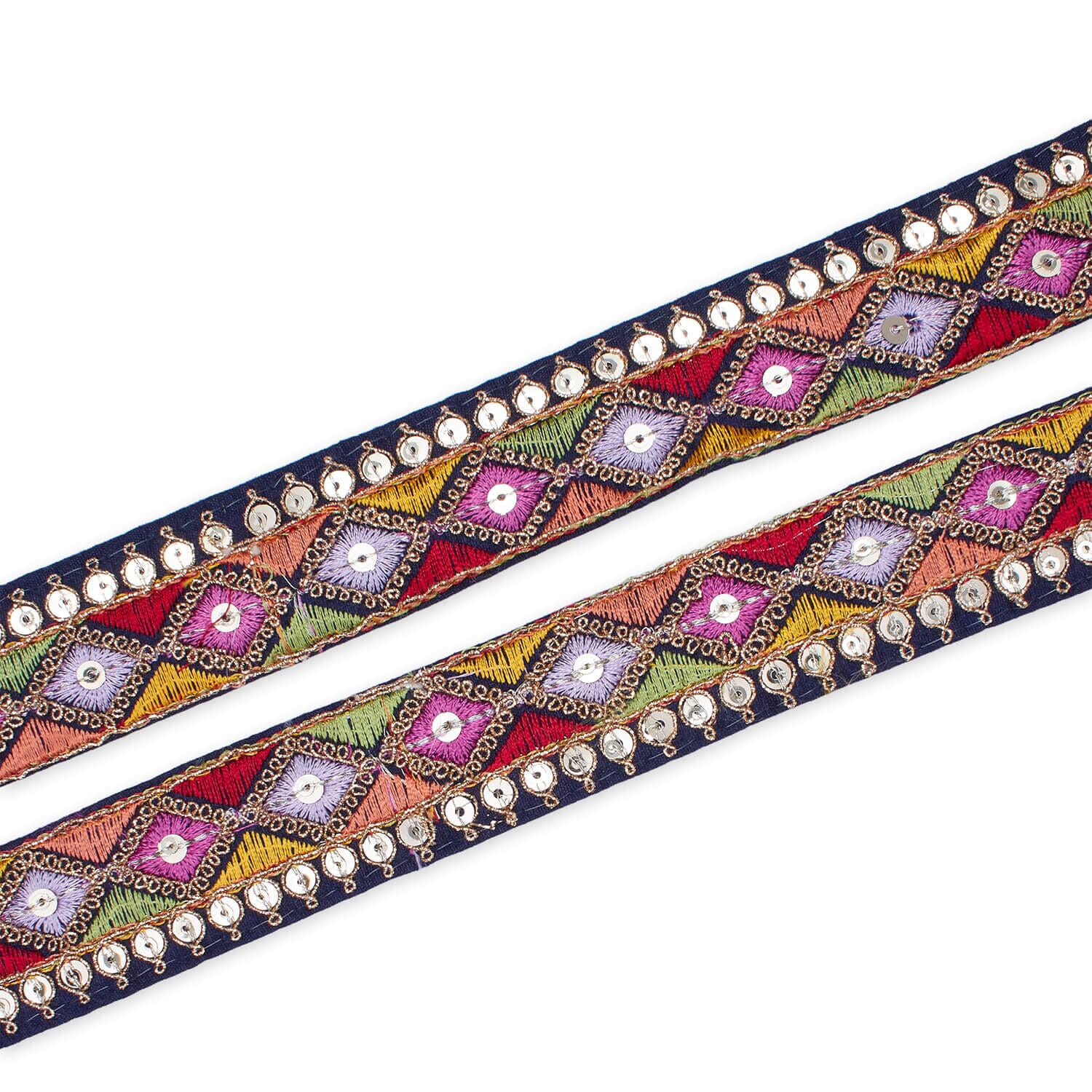 1.25 Inch Diamond Geometric Sequined Metallic Corded Embroidered Trim (9.8 Yards / 9 Meters) - Image 3