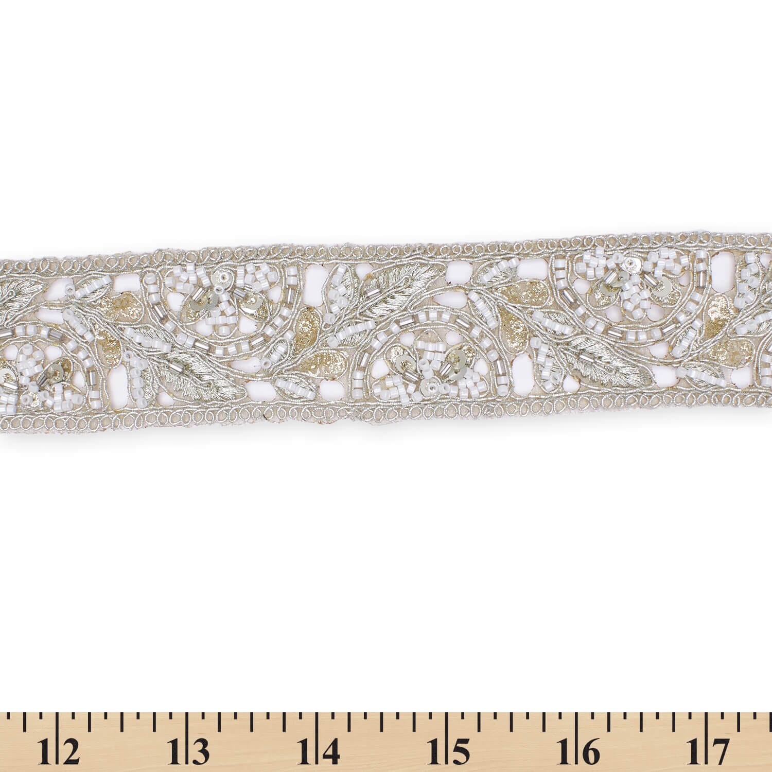 1.75 Inch Floral Beaded Sequined Metallic Corded Embroidery On Mesh Trim (9.8 Yards / 9 Meters) - Image 10