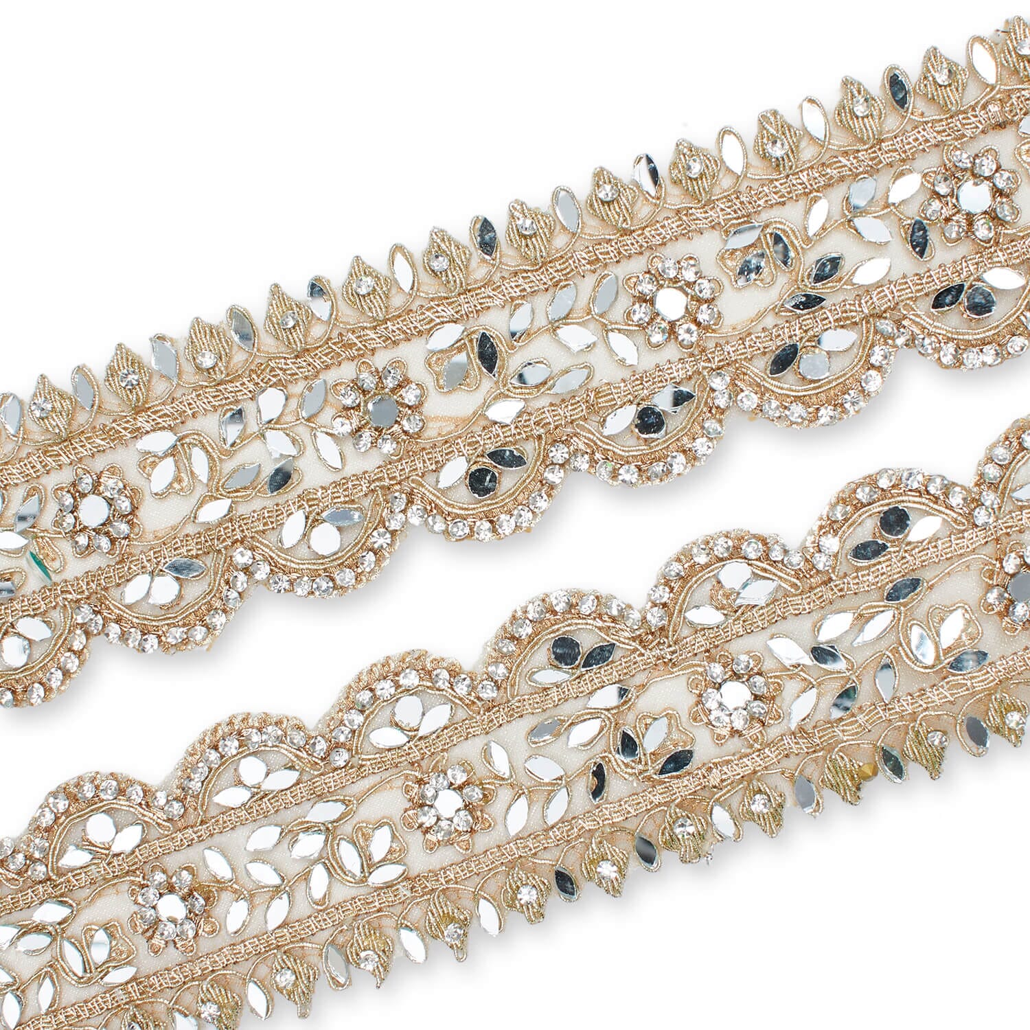 2 Inch Mirror Rhinestones & Metallic Cording On Mesh Lace Trim