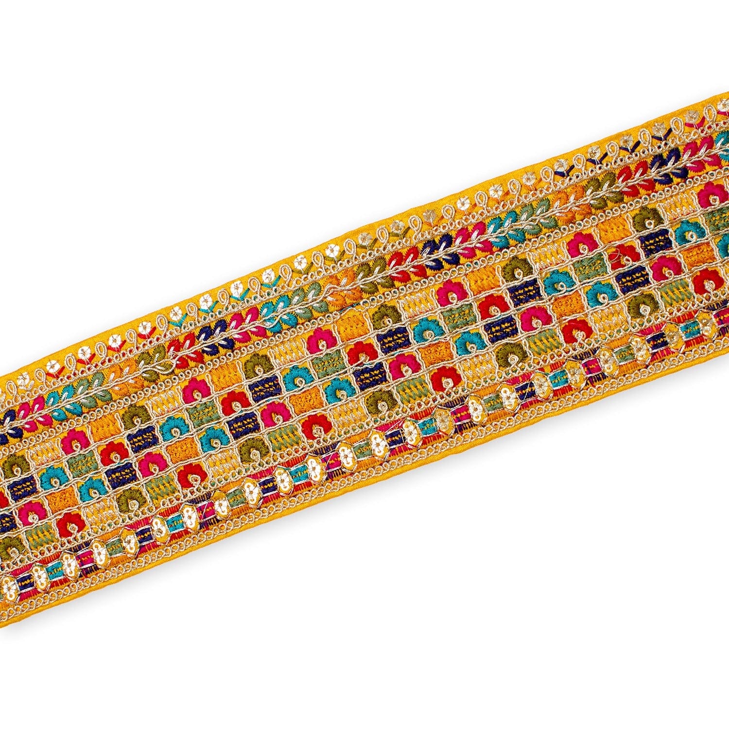 3 Inch Geometric Floral Sequined Metallic Embroidery On Hemmed Woven Fabric Trim - Image 8