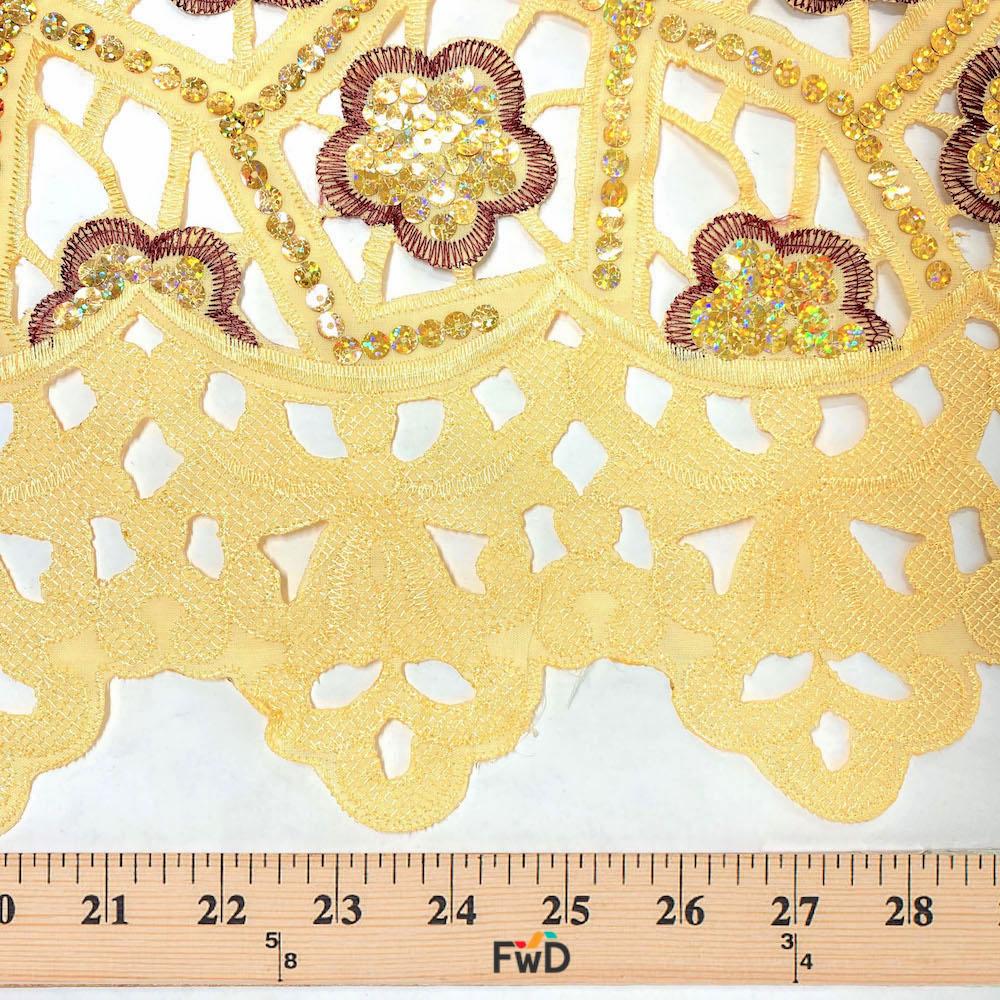 Beige & Burgundy Floral Embroidery Hole-Cut Voile Lace - Image 3