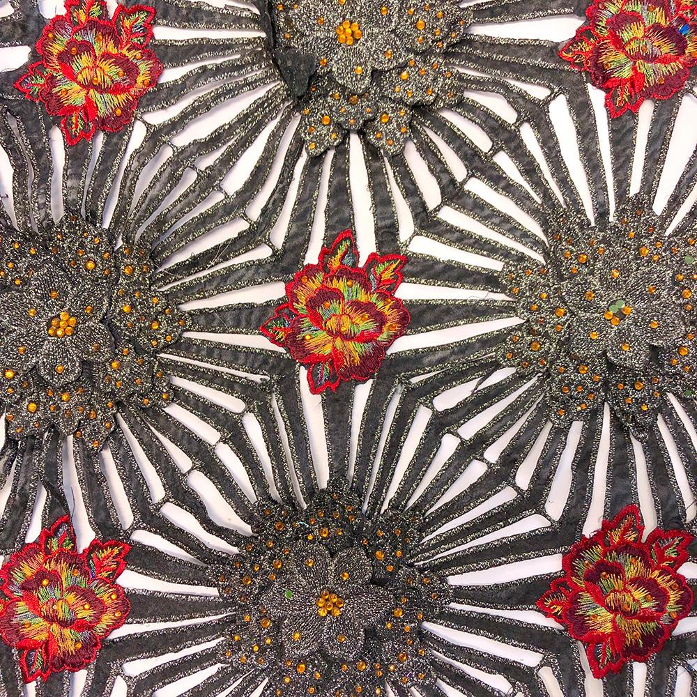 Black And Red Lotus Floral Embroidery on Organza Lace - Image 2
