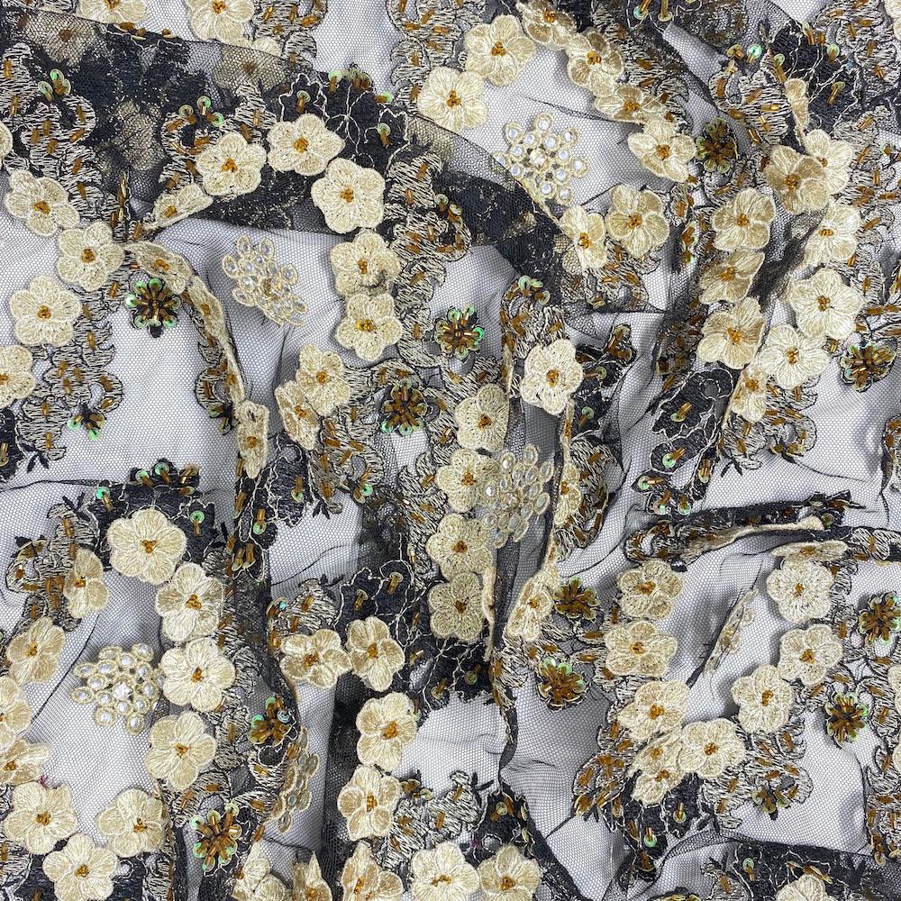 Black Daisy Diamond Patch Metallic Embroidery on Mesh - Image 3
