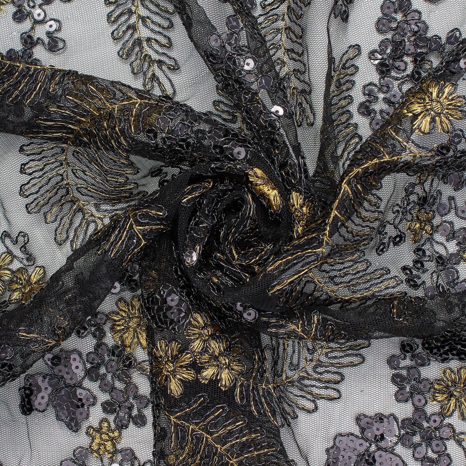Black Floral Embroidered Sequin Daisy On Mesh - Image 2