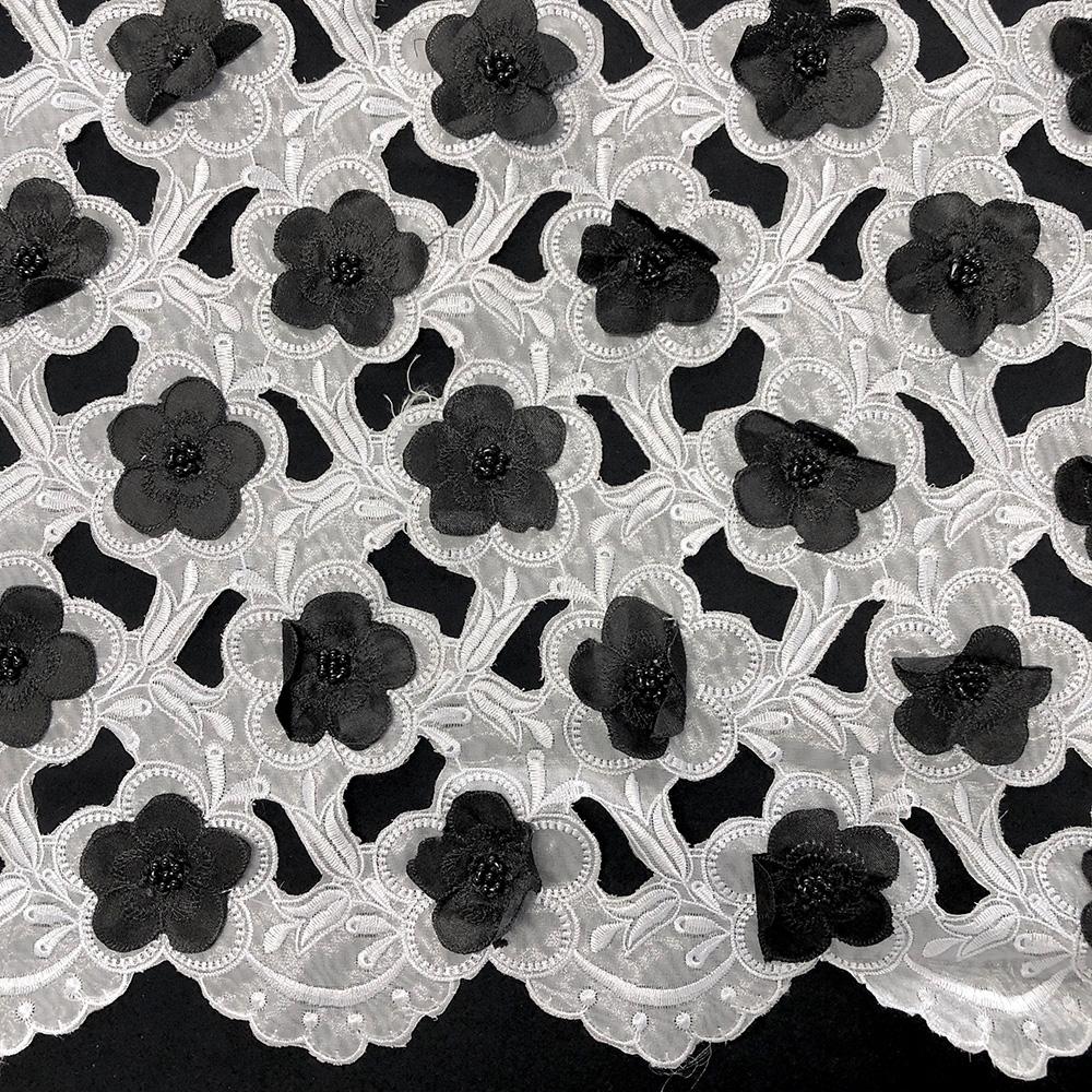 Black Floral Embroidery on White Organza Lace