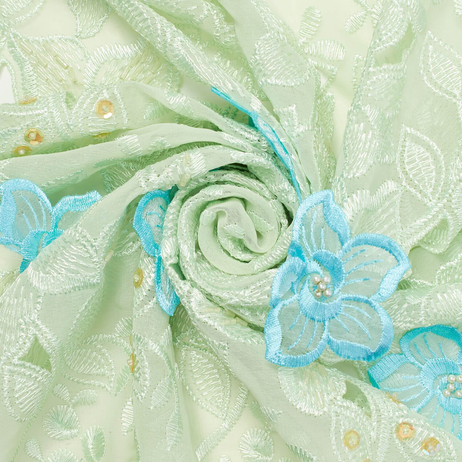 Blue Floral Embroidery On Green Chiffon - Image 2
