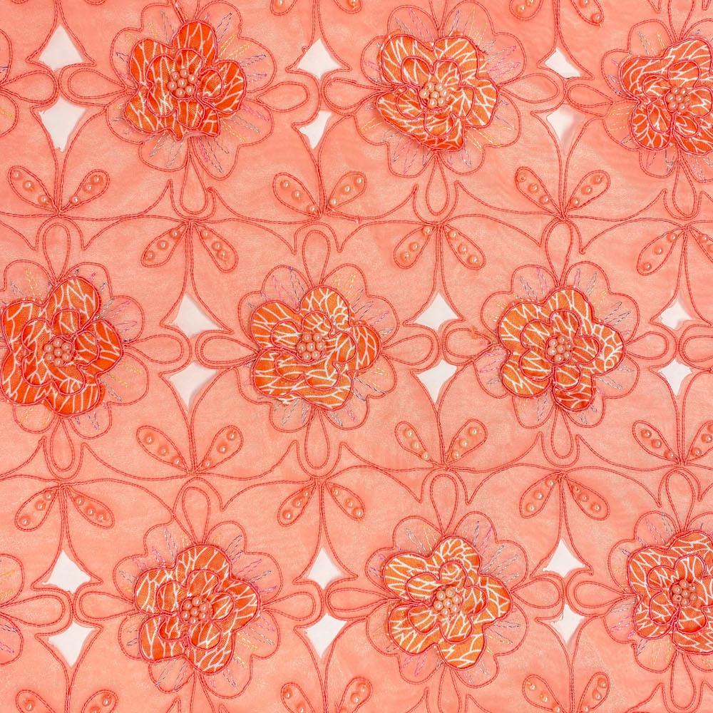 Coral Daisy Striped Patch Corded Organza