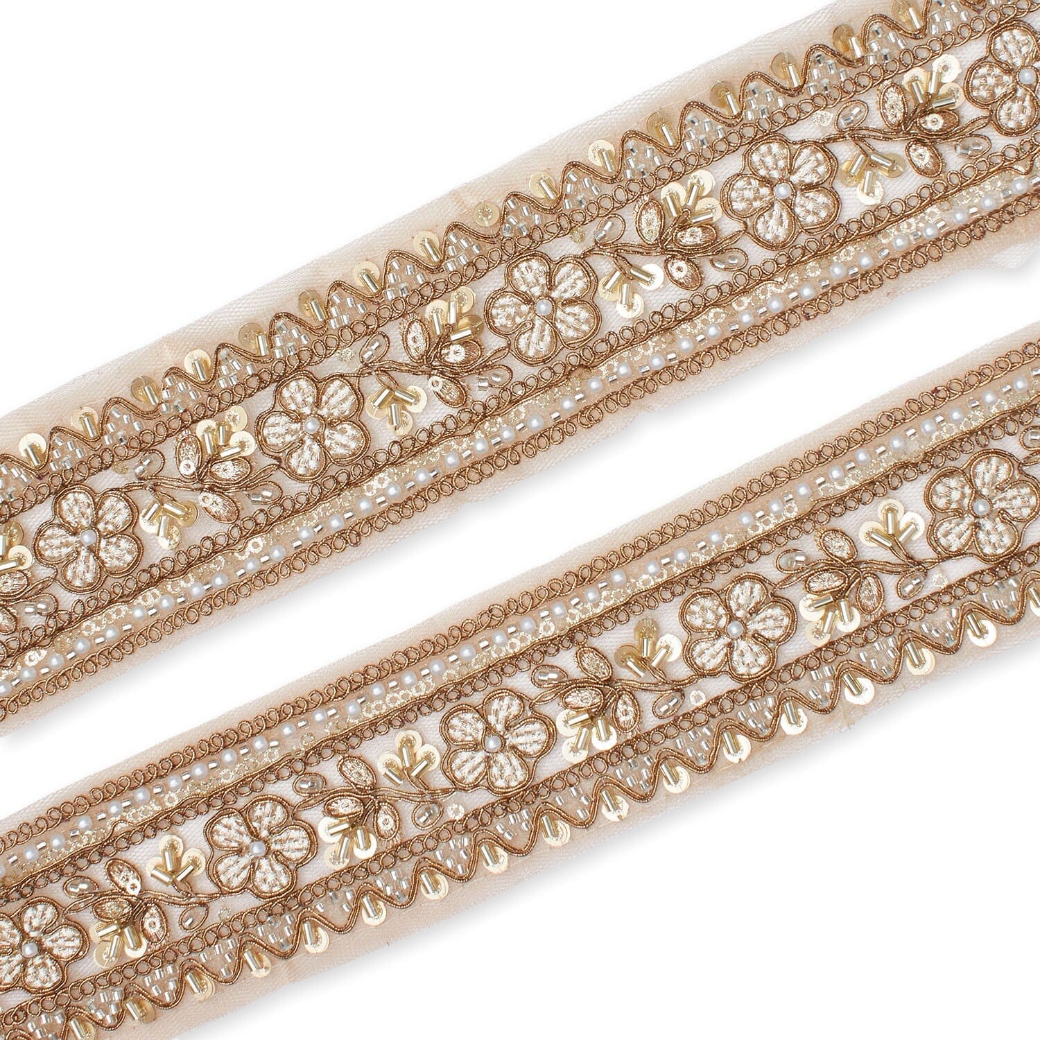Floral Vine Beaded Sequin Metallic Woven Embroidery On 2 Inch Hemmed Mesh Lace Trim - Image 11