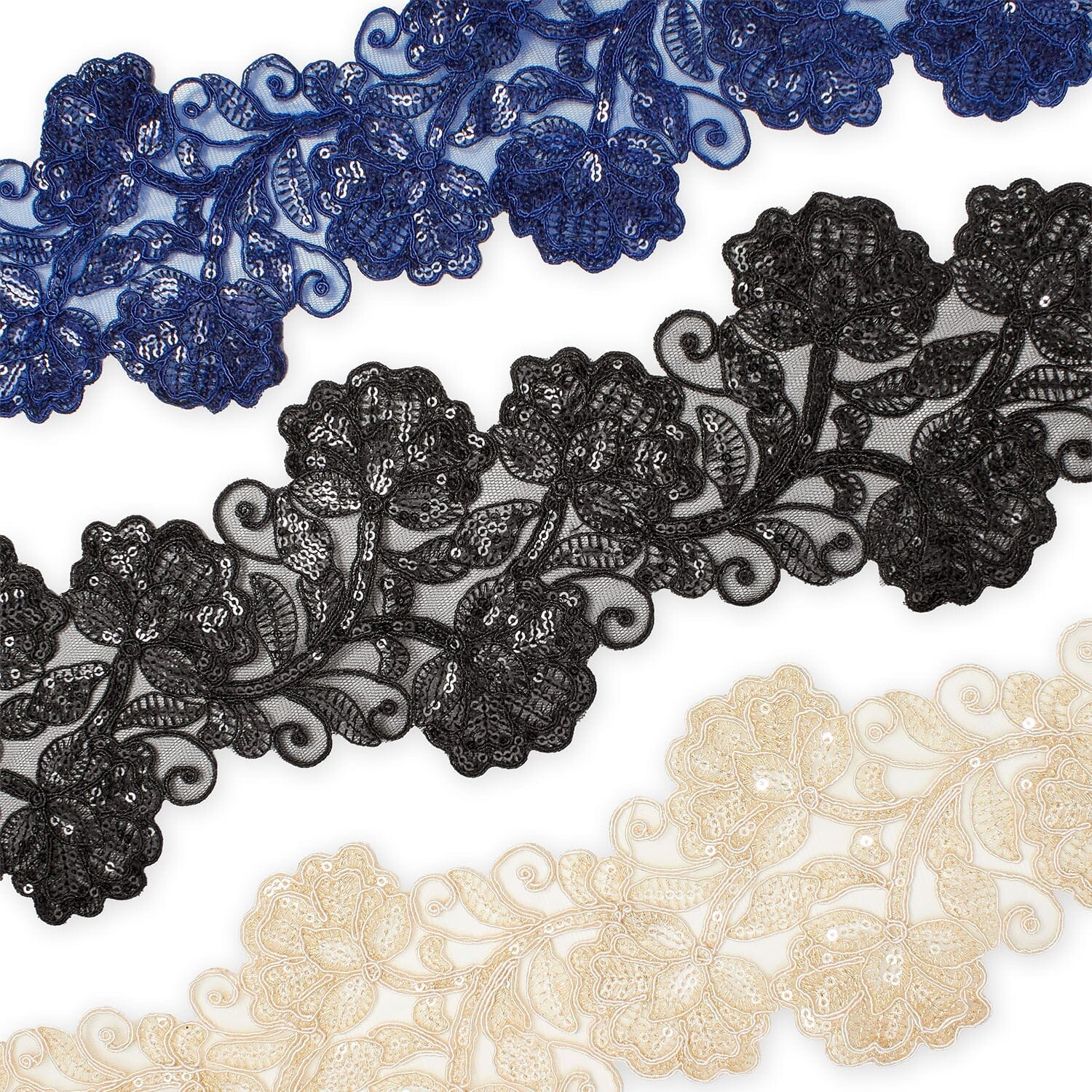 Floral Vine Corded Sequin Embroidery On 4 Inch Scalloped Mesh Lace Trim