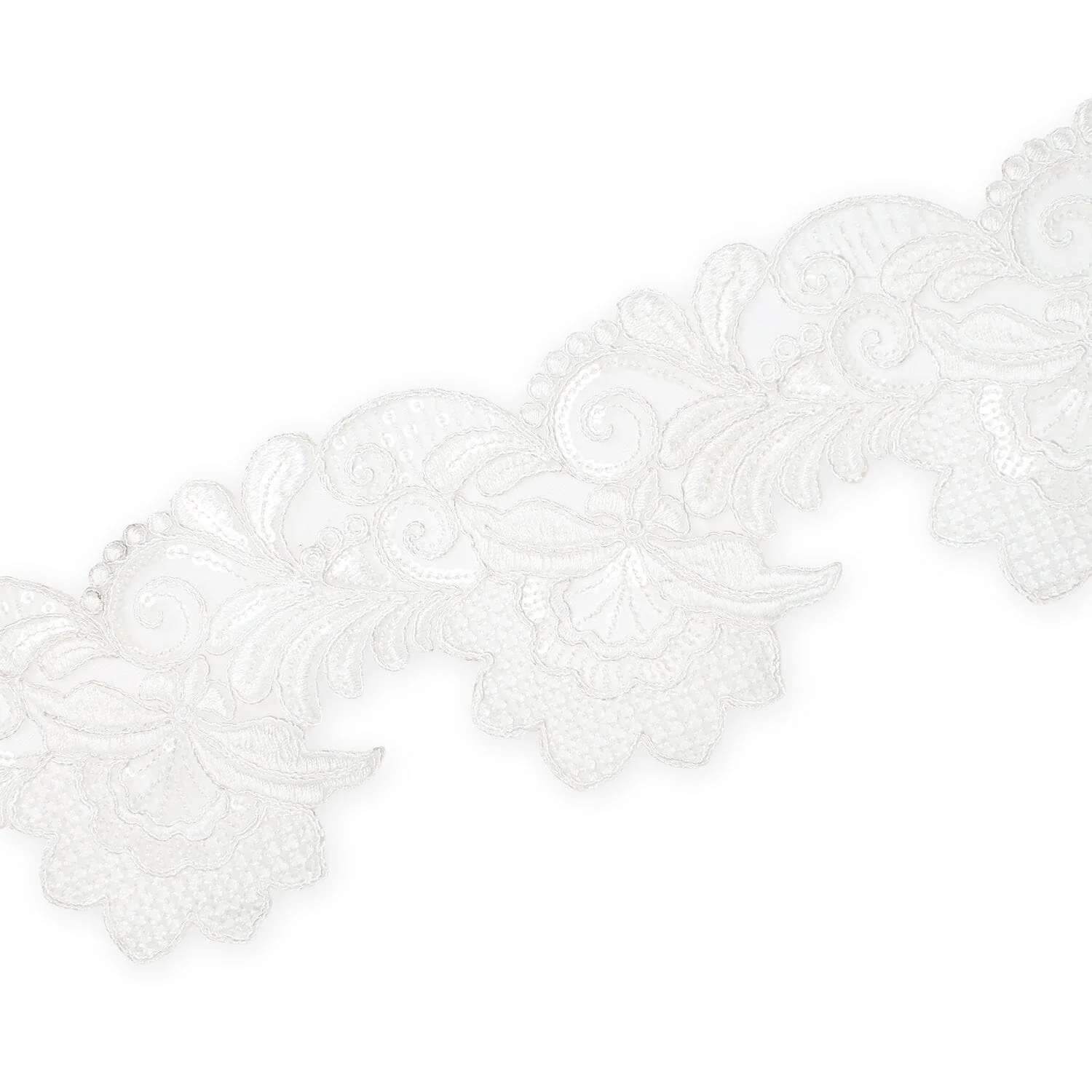 Leafy Floral Corded Sequin Embroidery On 4 Inch Scalloped Mesh Lace Trim - Image 3