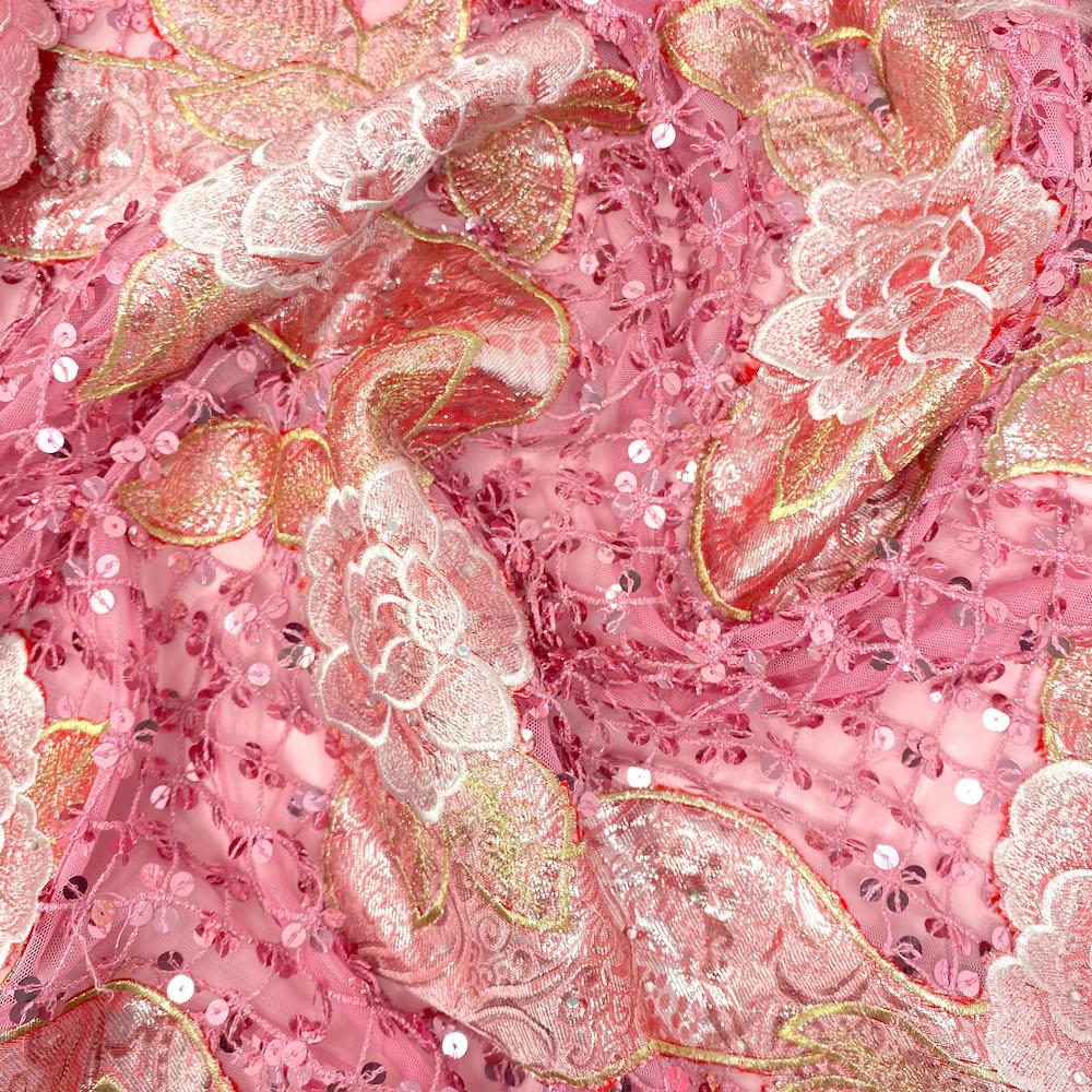 Pink Rose Brocade Chemical Lace Mesh - Image 3
