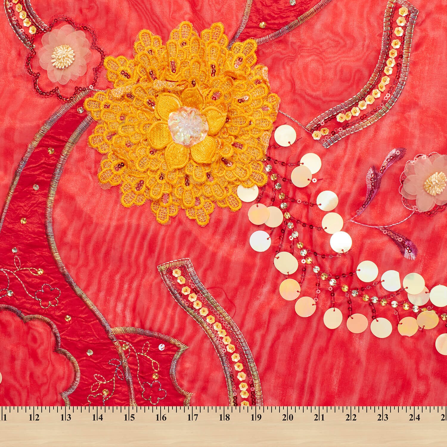 Red Floral Sequins on Organza - Image 4