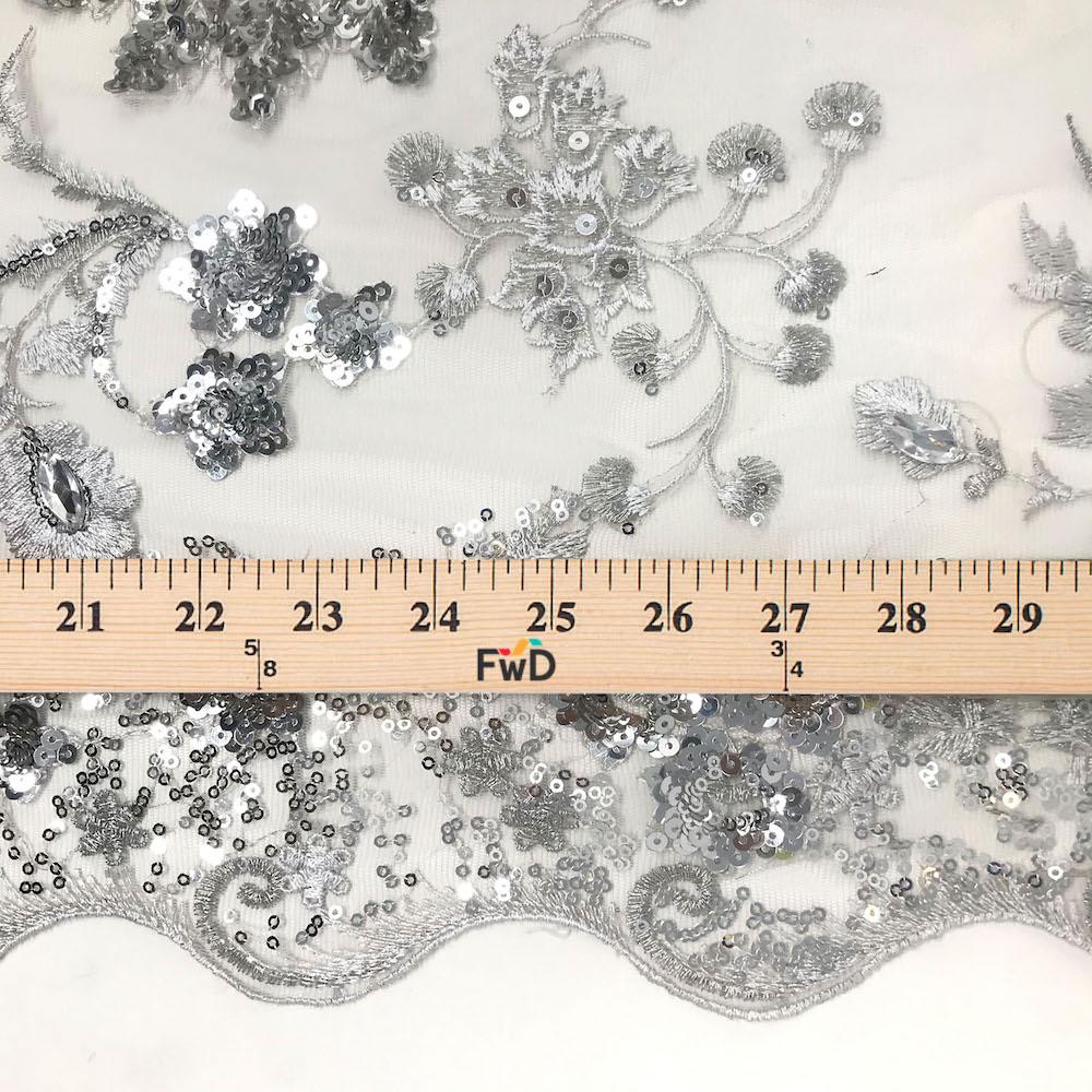 Silver Floral Sequin Jeweled Embroidery on Mesh - Image 4