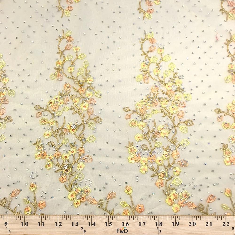 Yellow Farina Beaded Embroidery Sequins on Mesh Lace - Image 3