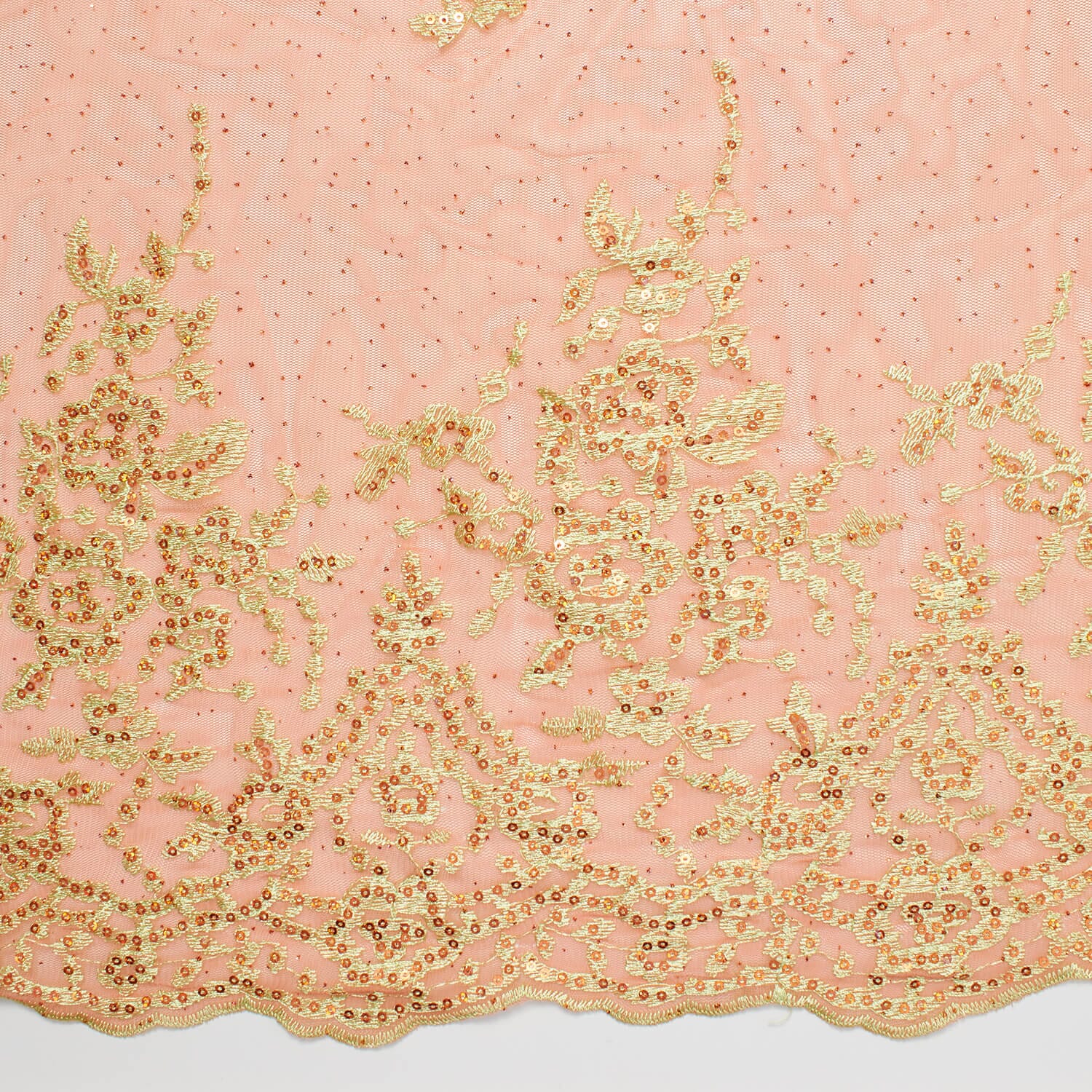 Yellow Floral Embroidery On Peach Mesh - Image 3